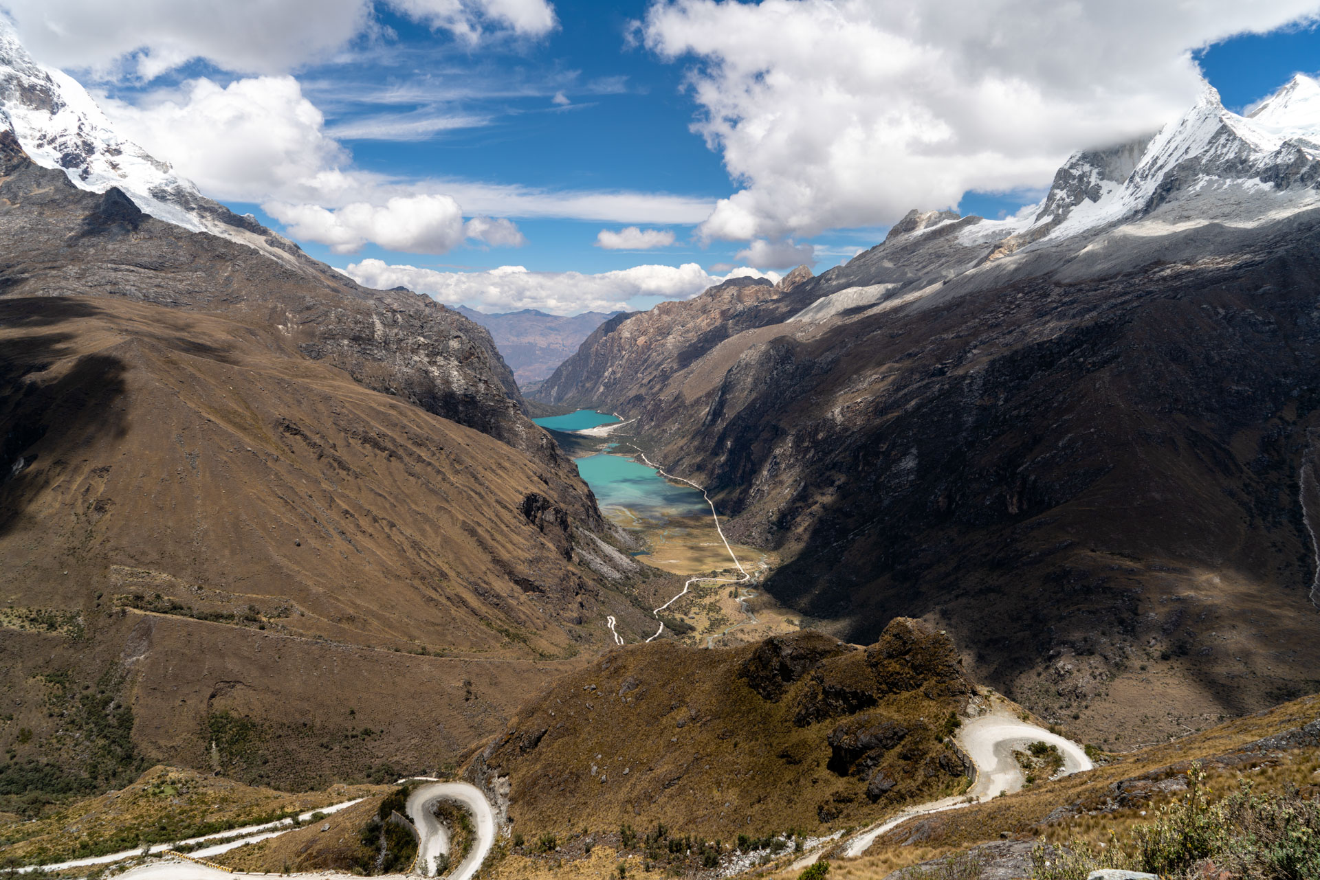 Looking back down at Laguna Llangunaco with some crazy switchbacks in the foreground